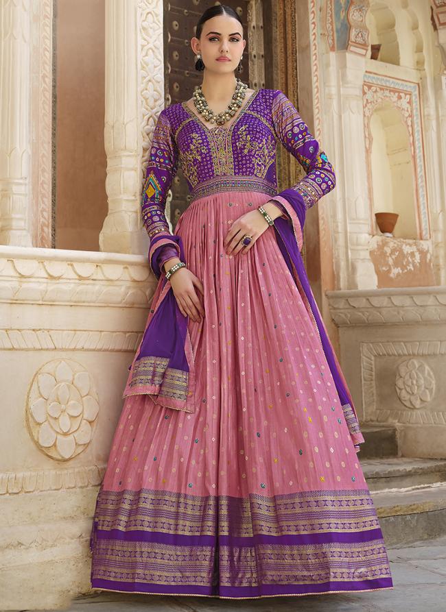 Silk Purple Bridal Wear Foil Print Readymade Anarkali Suit